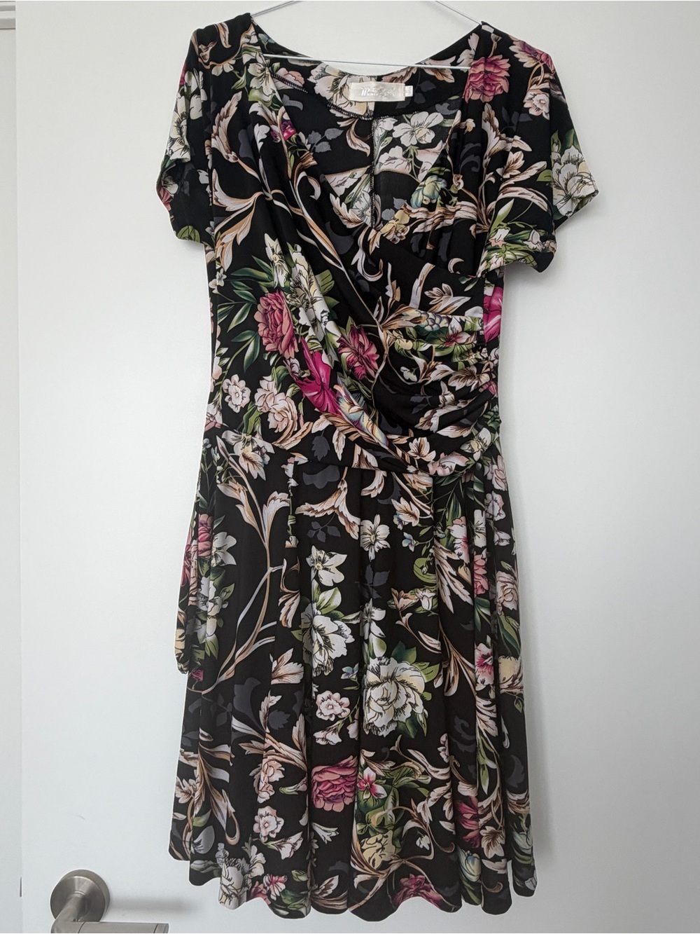 Floral Wrap-Style Black Dress with Pink & Green Accents